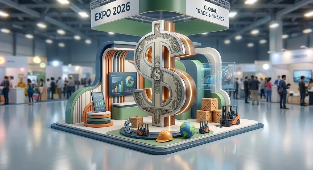 A 3D render of a modern EXPO 2026 exhibition stand featuring a large, realistic metallic US dollar sign sculpture at its center.