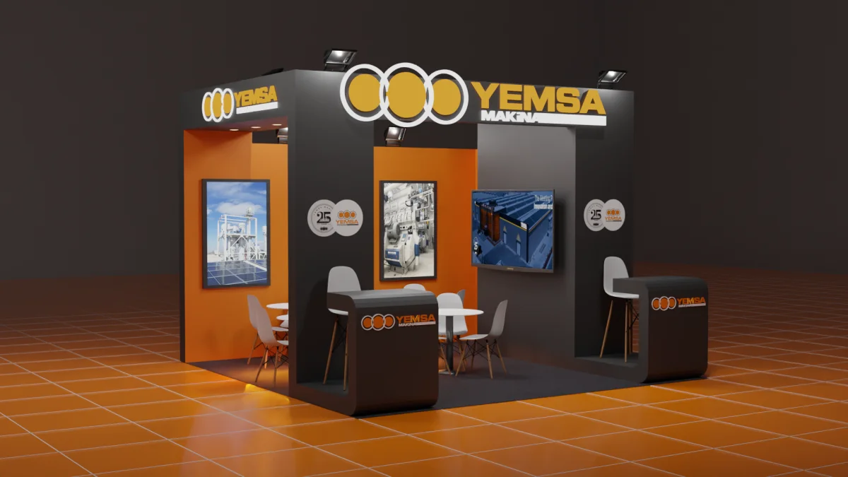 MAKTEK Avrasya 2024 için 25 m² ahşap çift cepheli stand tasarımı: ışıklı alınlık, lightbox görselleri ve LED ekran