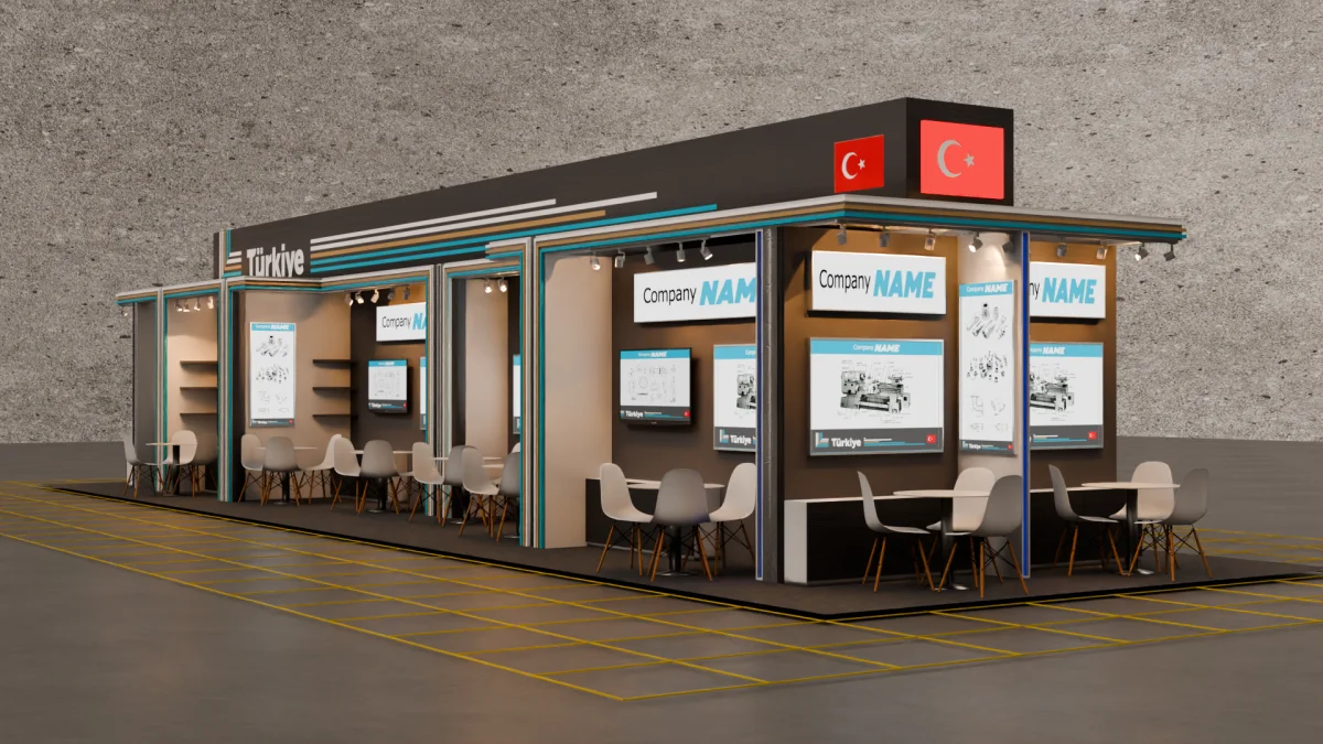 126 m² ahşap ada stand olarak tasarlanan Türkiye pavilyonu: ışıklı bayrak kutusu ve eşit ölçüde katılımcı üniteleri