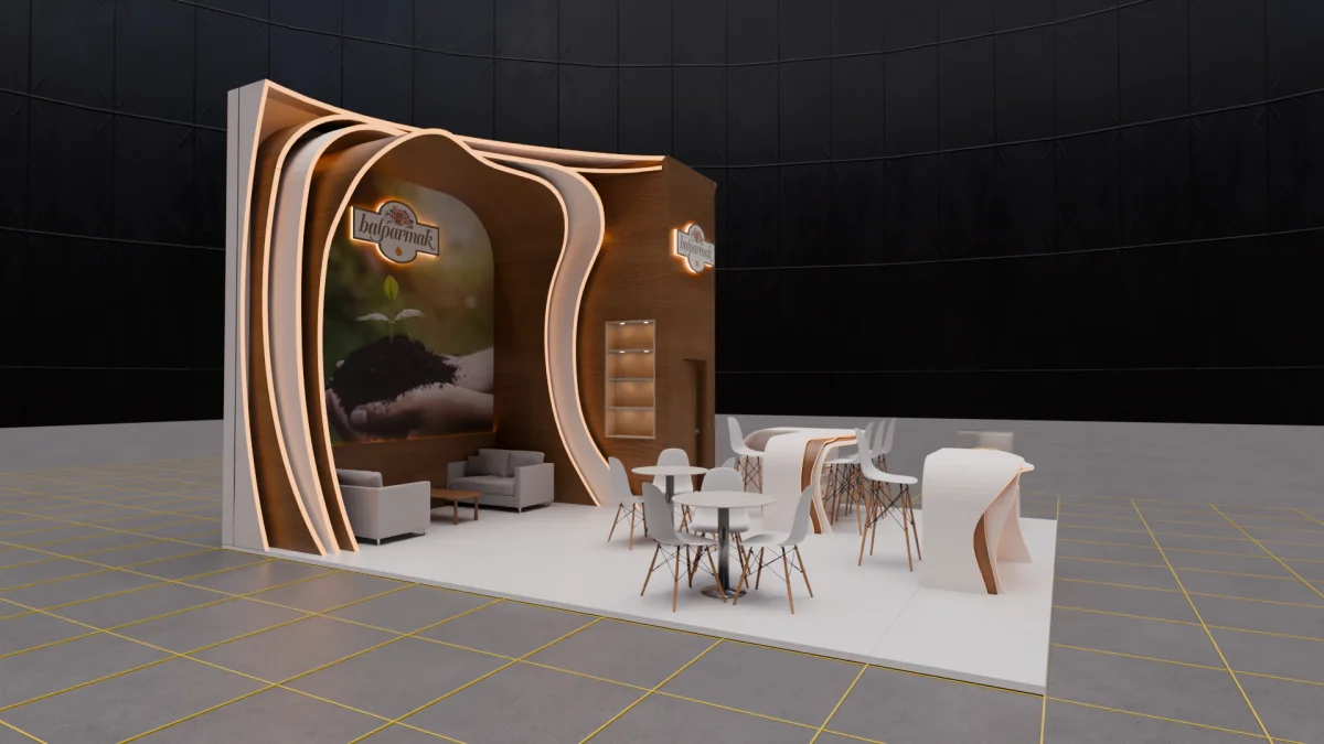 Foodist 2026 için 48 m² organik formlu ahşap yarım ada stand tasarımı: katmanlı kavisli kabuklar, LED ışık hatları ve gömme oturma nişi