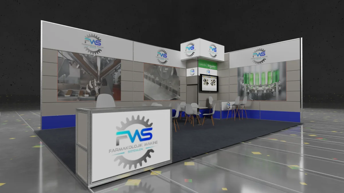 Pharmaist 2025 için 80 m² maxima sistem çift cepheli stand tasarımı: büyük ölçekli üretim hattı görselleri ve asma ışıklı logo kutusu