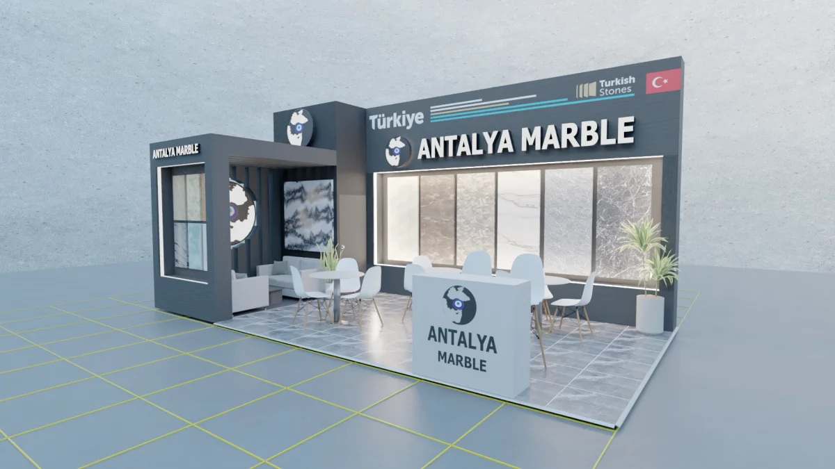 MosBuild 2026 için 48 m² ahşap yarım ada stand tasarımı: arkadan aydınlatmalı mermer plaka teşhir duvarı ve kapalı ağırlama köşesi